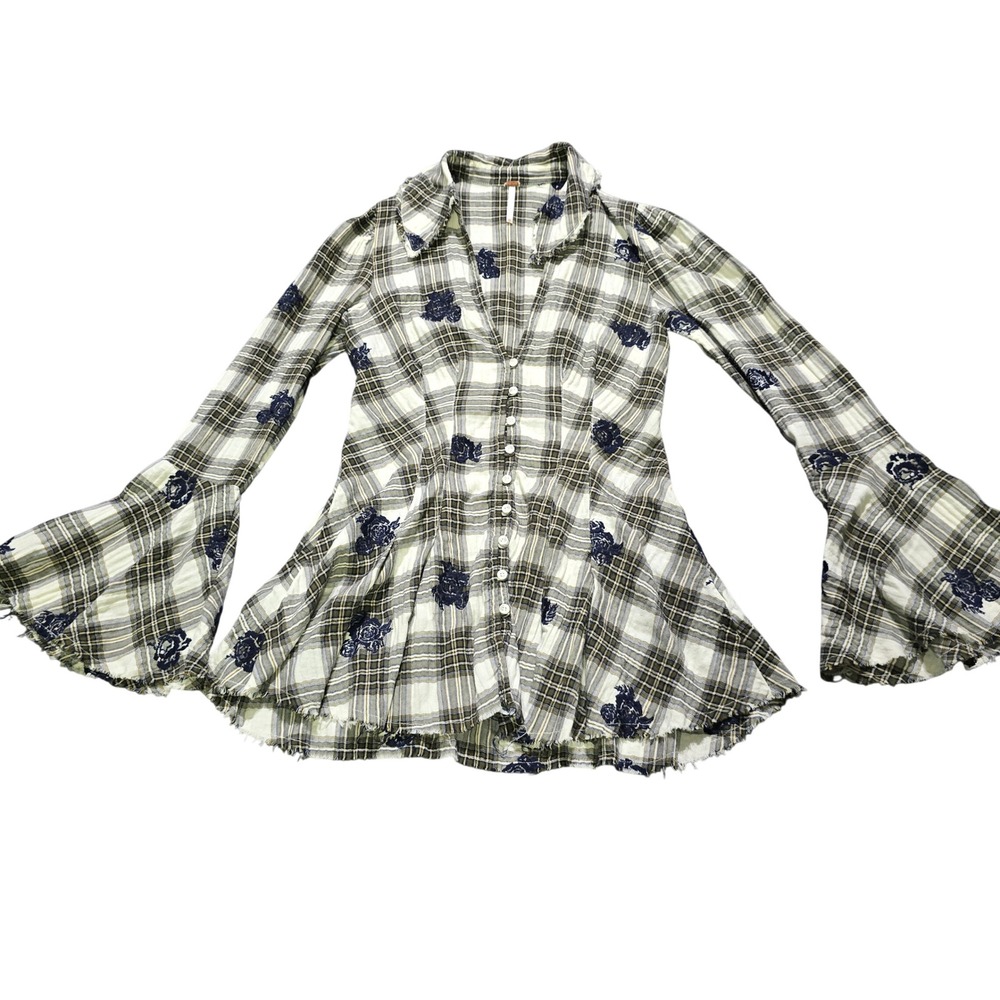 Free People Ezra Plaid Top Women XS Green Embroidered Bell Sleeve Button Shirt